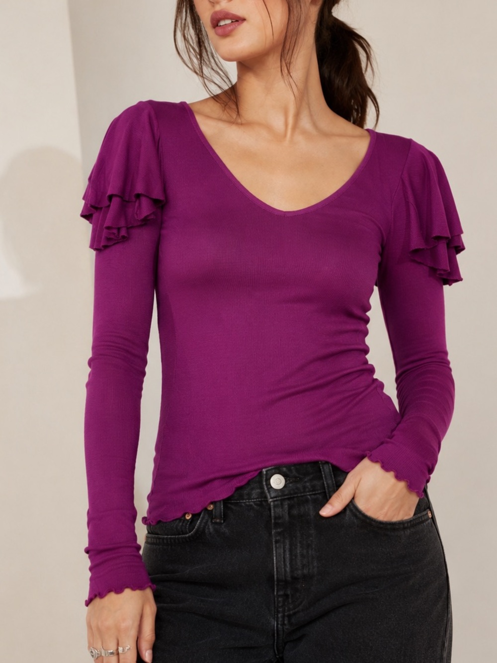 Free People We The Free On Rewind Top Magenta Ruffle Long Sleeve Small